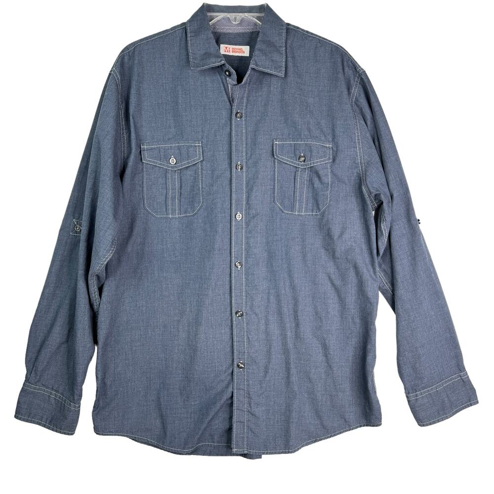 Michael Brandon Chambray Button Up Shirt Roll Tab Sleeves Blue L